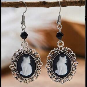 Vintage Cameo White Cat Dangle Earrings Gothic Punk Style